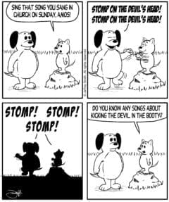 christian comic stomp on the devil's head